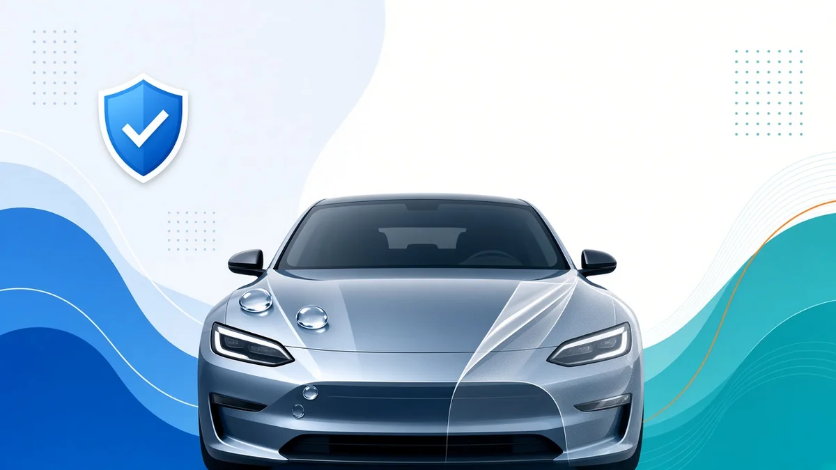 Illustration of a car with a clear paint protection film layer on the bonnet, with a protective shield symbol
