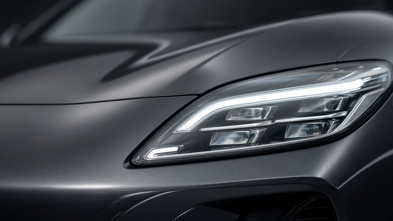 Close-up of a modern car headlight lens