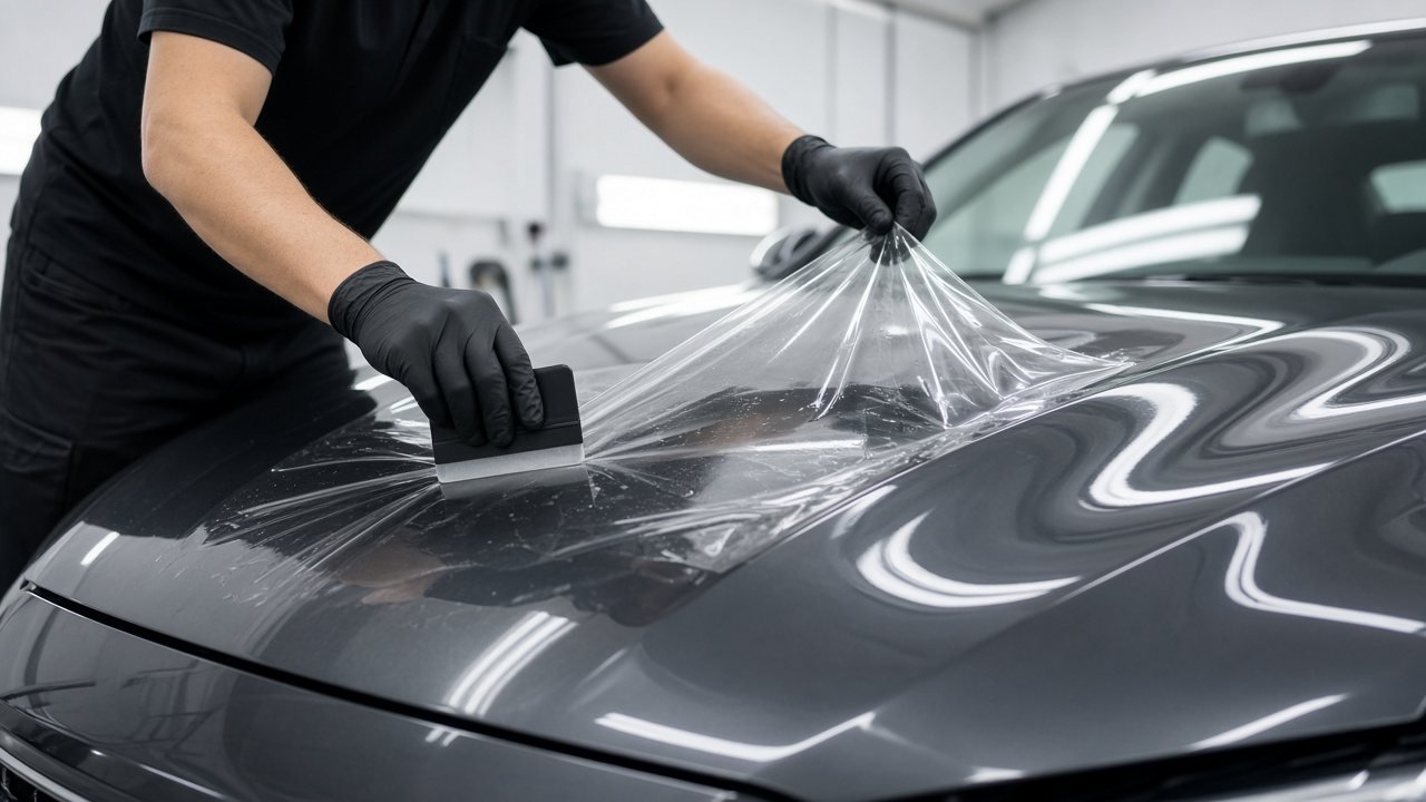 Installer applying clear paint protection film to a car bonnet in a workshop bay