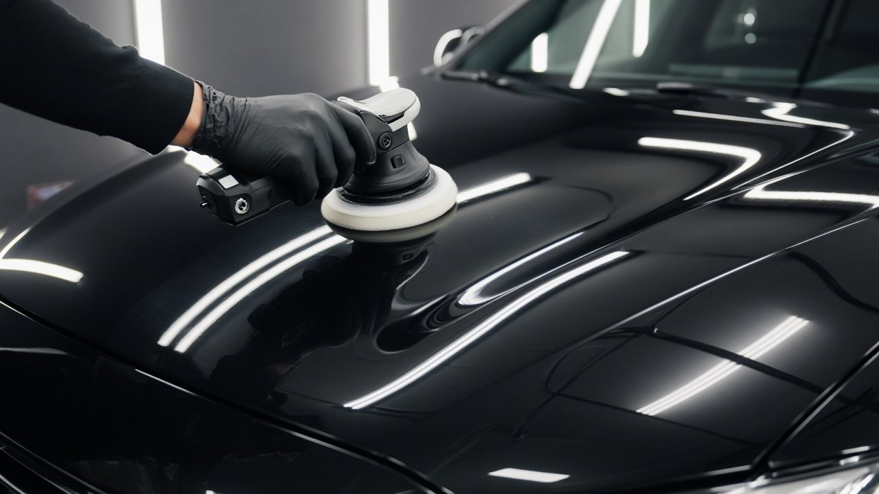 Detailer machine polishing a car panel